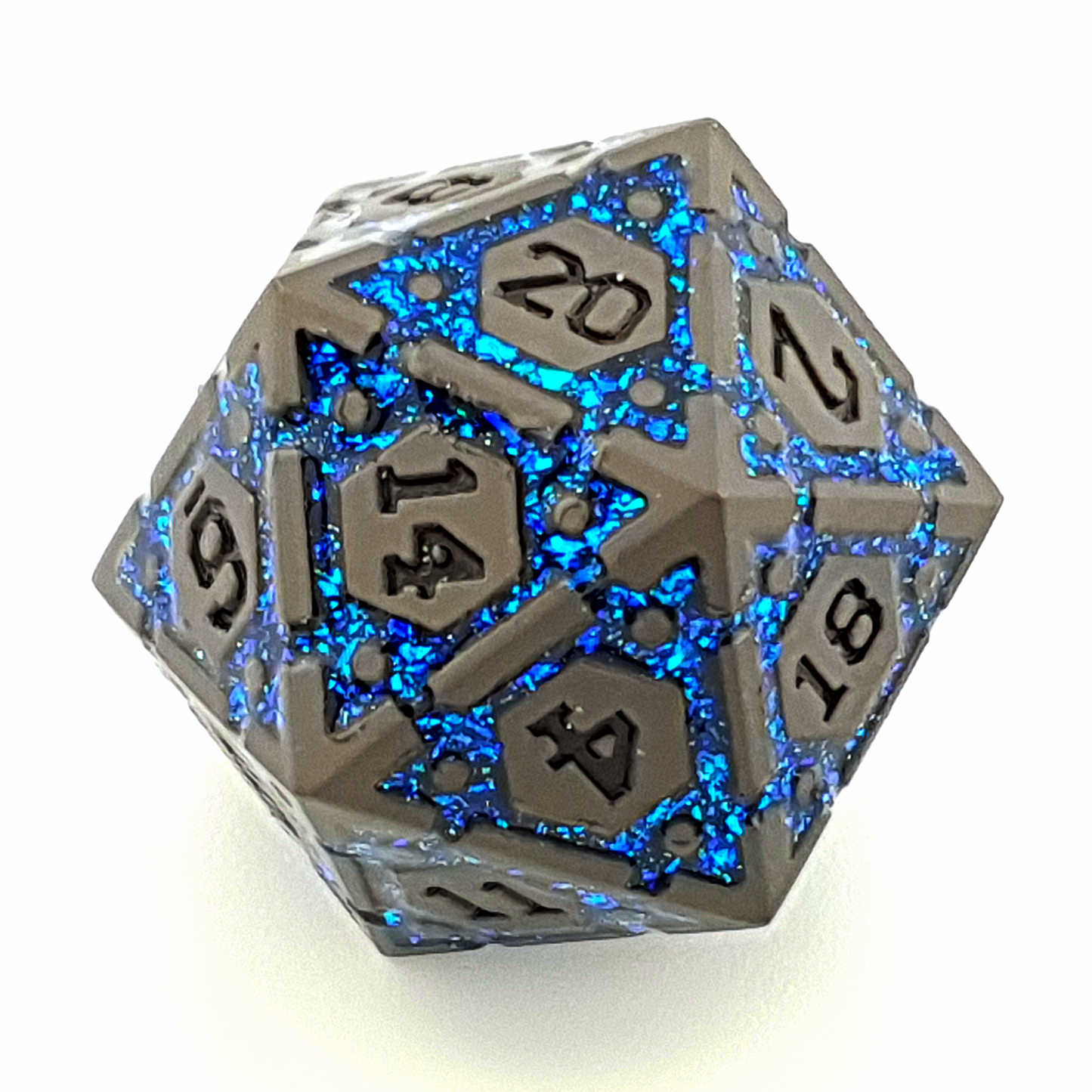 Cerulean Sigil – close-up view – metal DnD dice set