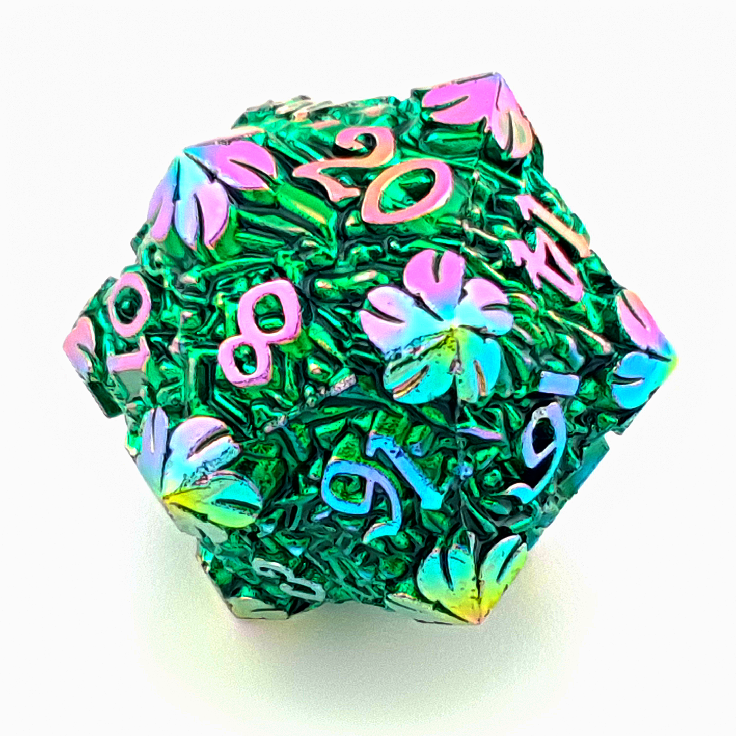 Fae Flora – close-up view – metal DnD dice set