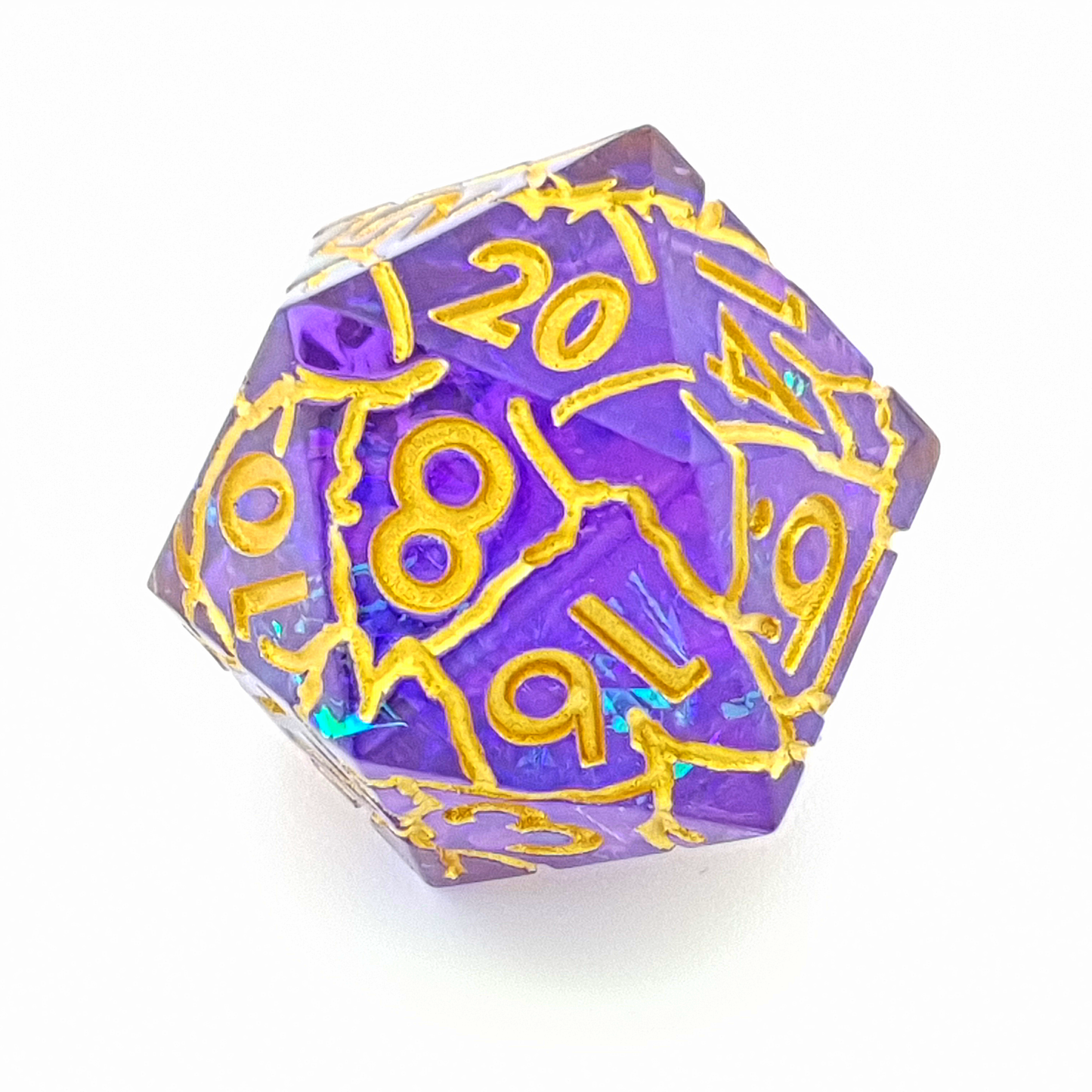 Golden Phantasm – close-up view – sharp edge resin DnD dice set