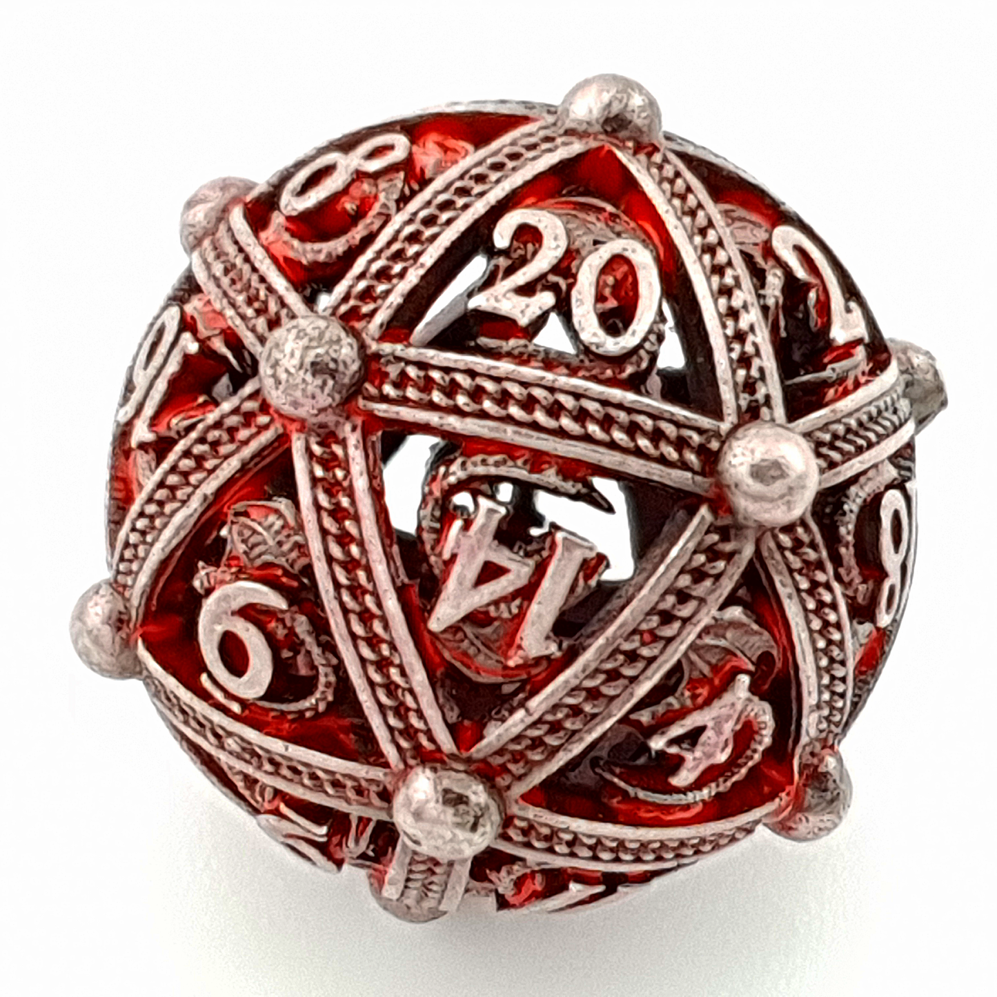 Scarlet Wyrm – close-up view – metal DnD dice set