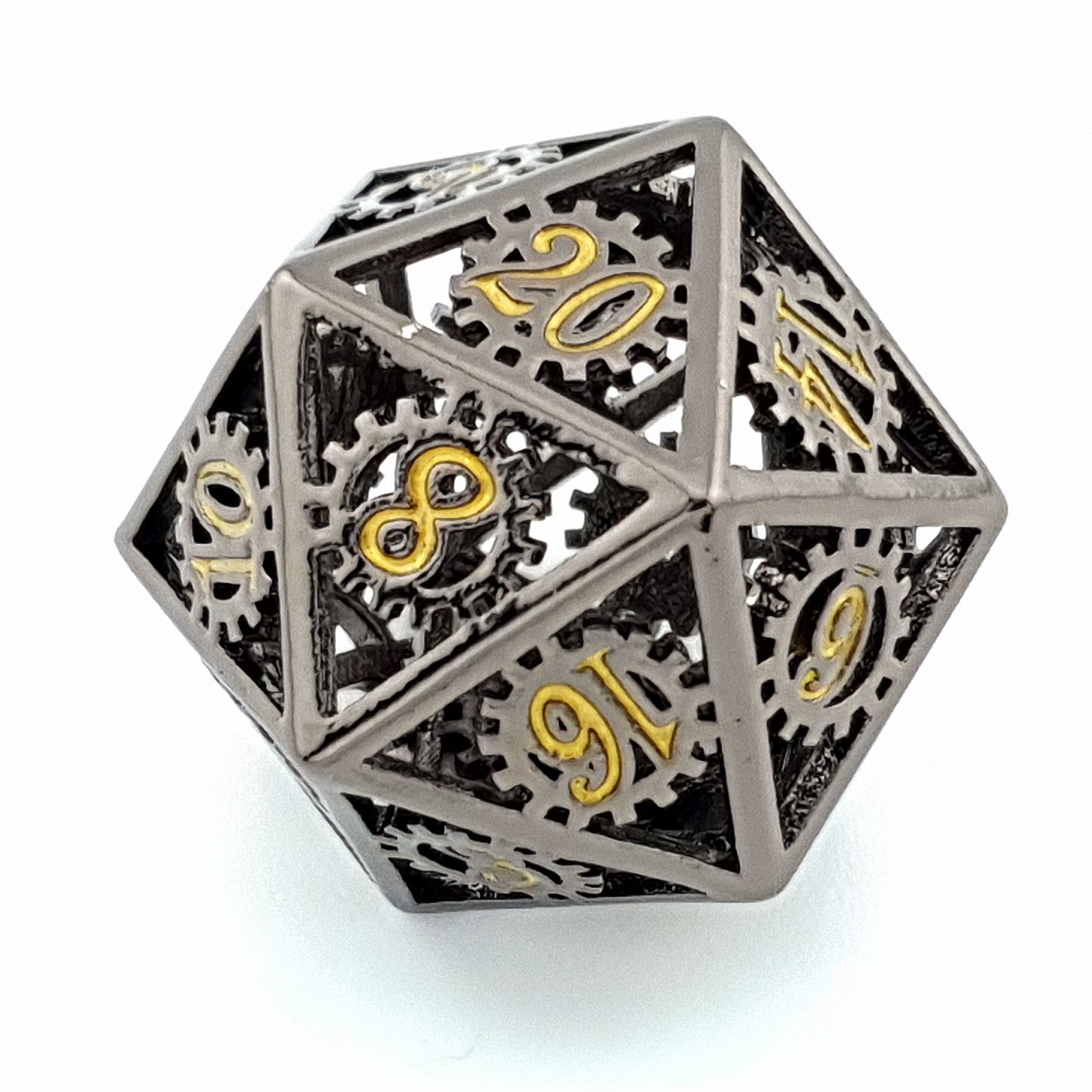 Gears of Fate – close-up view – metal DnD dice set