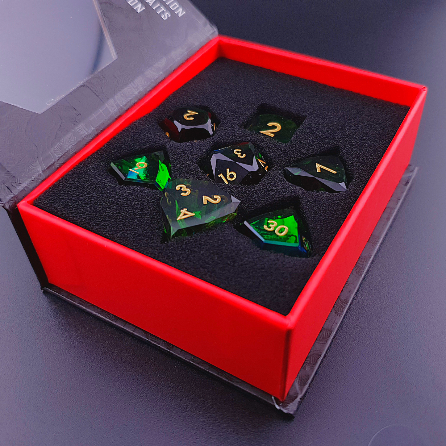 Verdant Prism – view 7 – diamond cut DnD dice set
