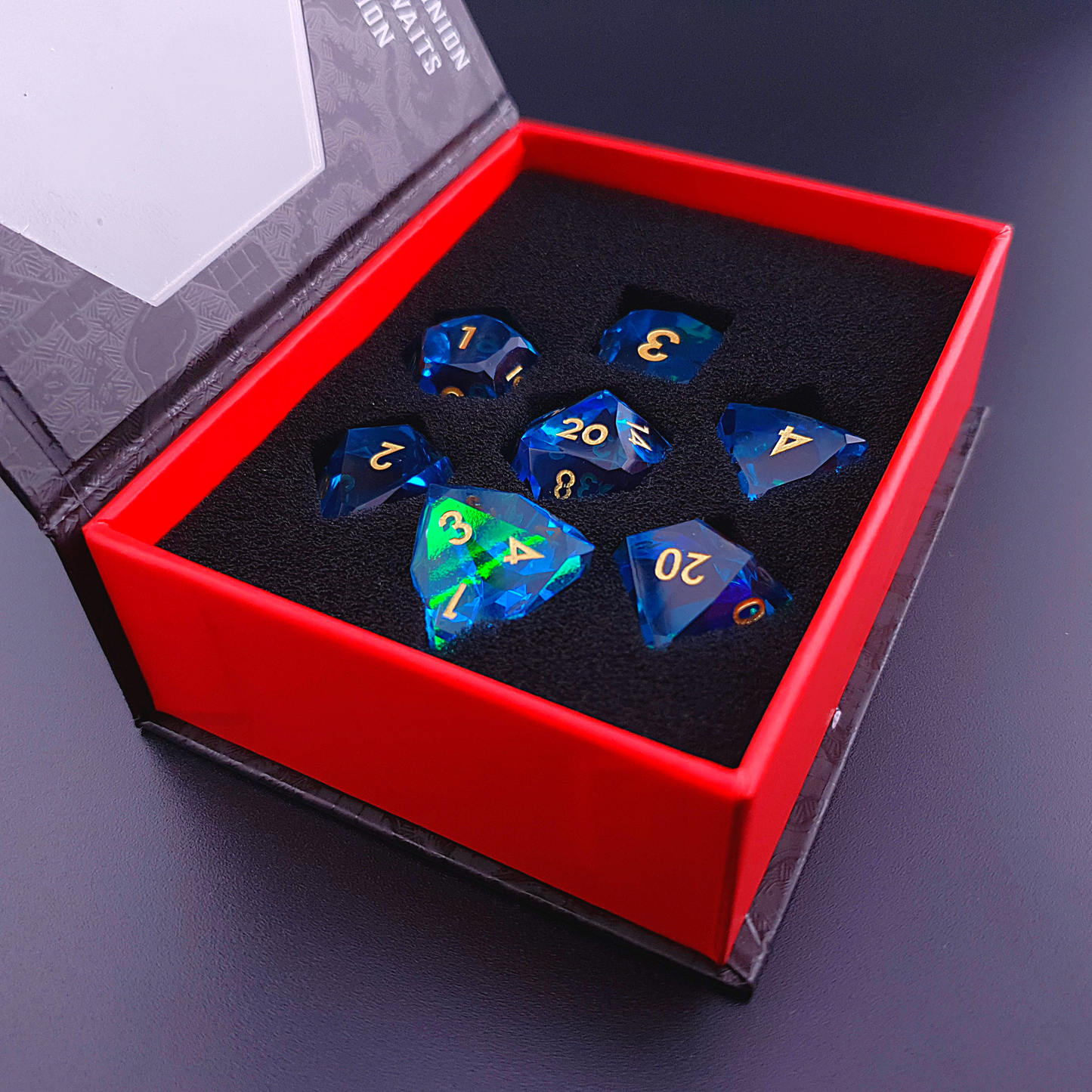 Aether Prism – view 8 – diamond cut DnD dice set
