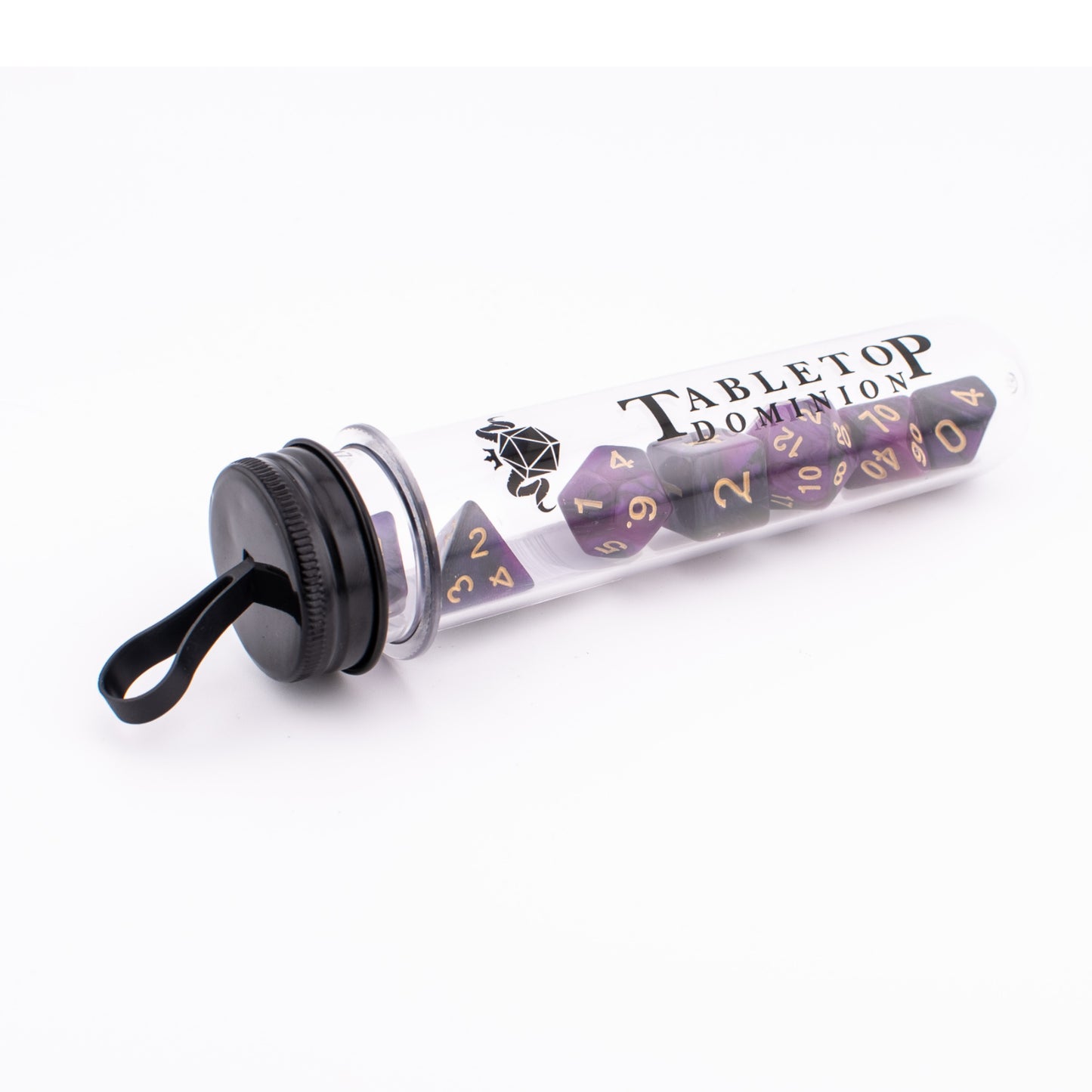 Twilight Shroud acrylic dice set displayed inside a Tabletop Dominion dice tube.