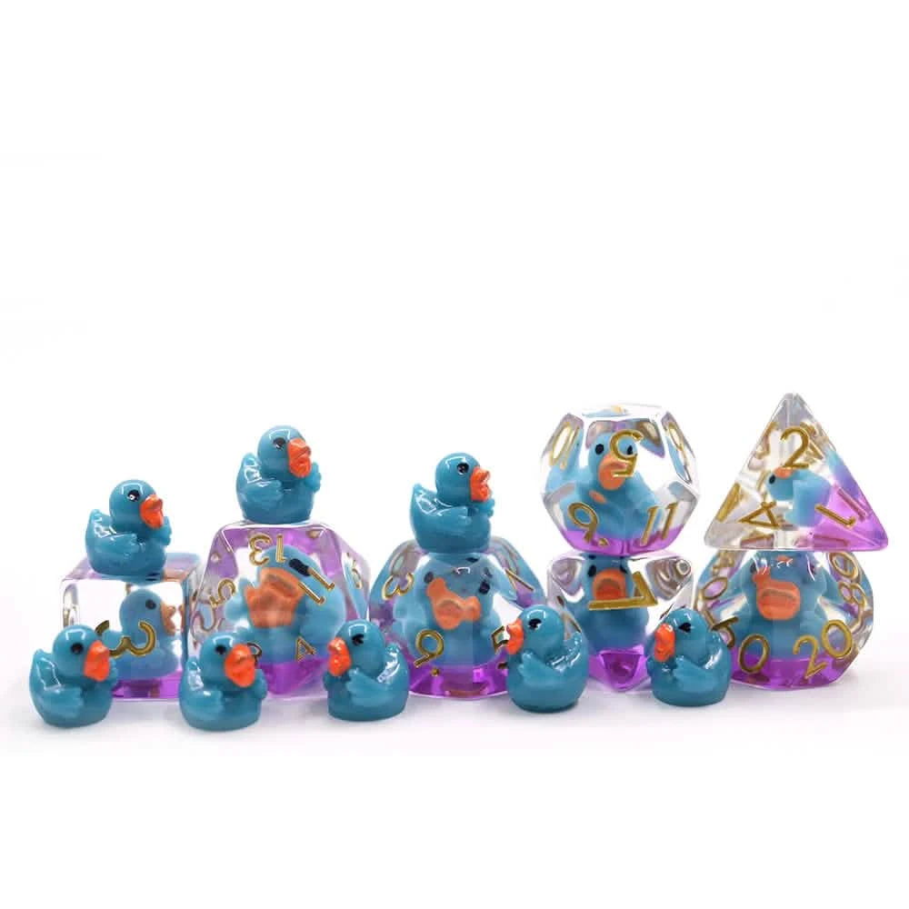 Teal Ducks – lifestyle shot – resin DnD dice set