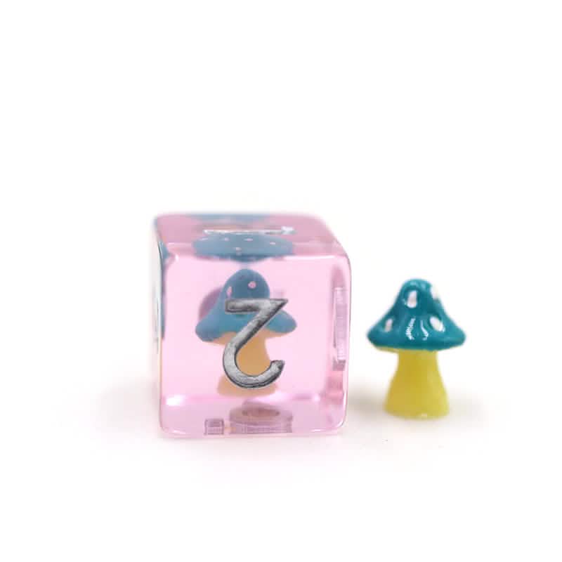 Teal Mushies – lifestyle shot – resin DnD dice set