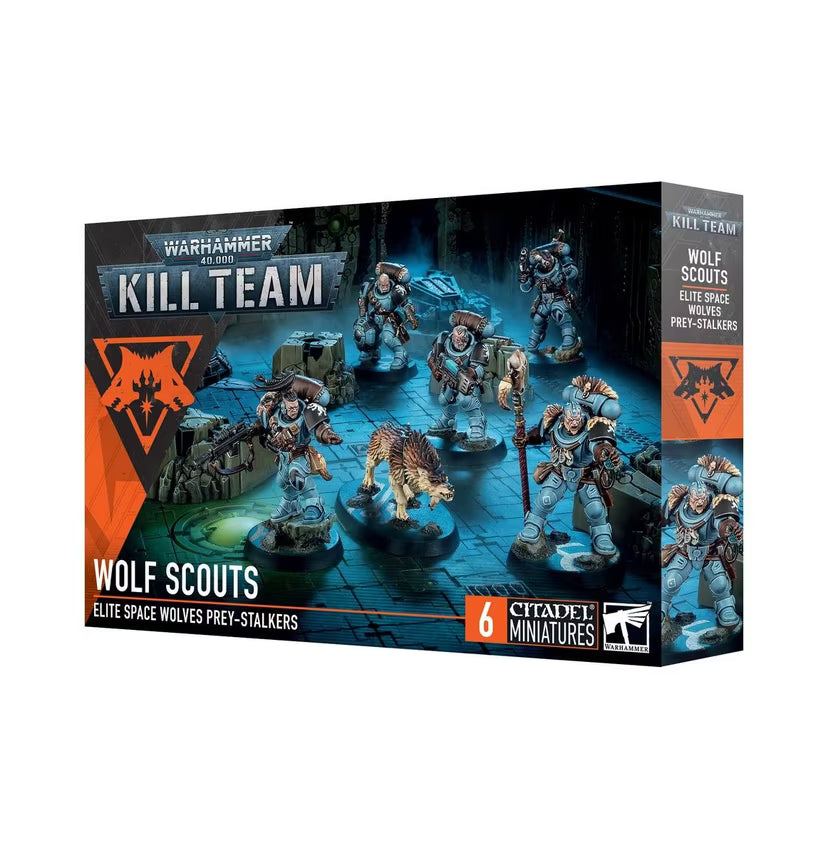 Warhammer 40,000 Kill Team Wolf Scouts box featuring six Space Wolves miniatures displayed with atmospheric battlefield artwork.