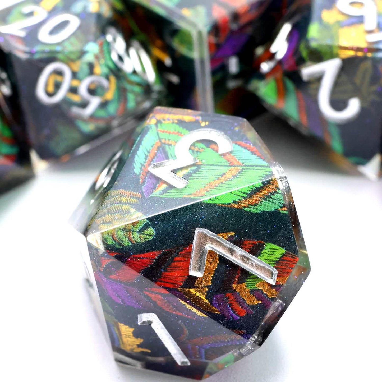 Feyplume – view 9 – art core DnD dice set