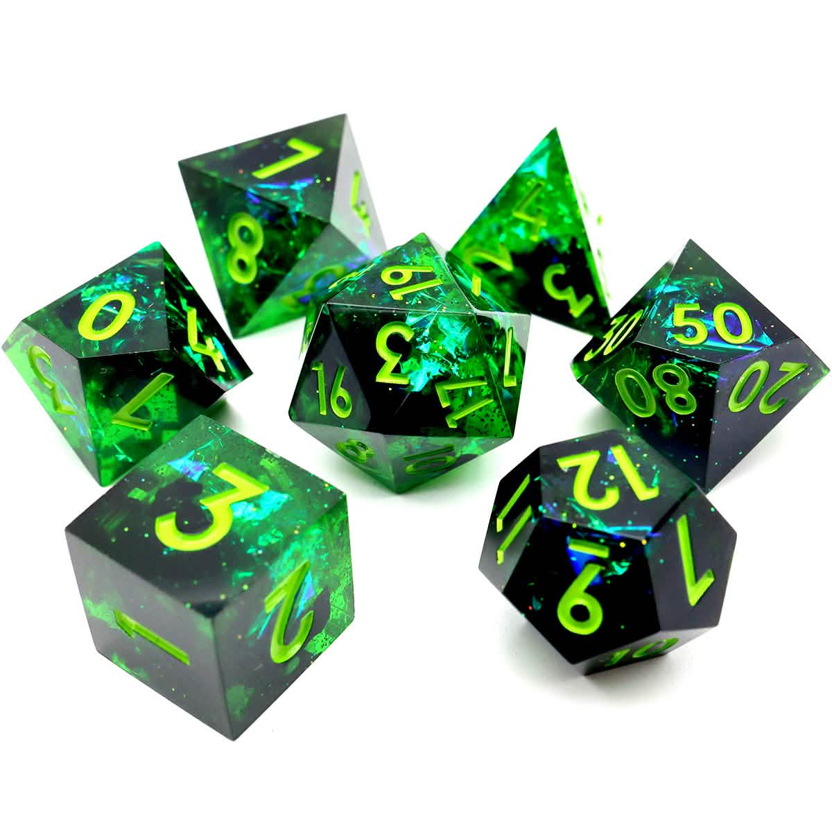Necrotic Glimmer – view 6 – sharp edge resin DnD dice set