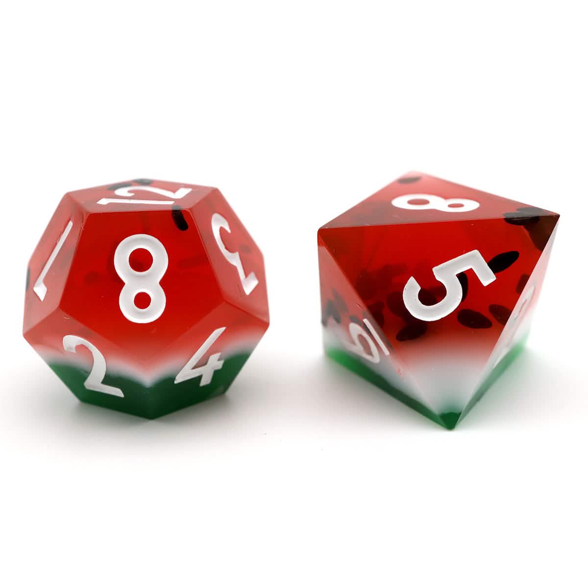 Watermelon Sugar – view 7 – sharp edge resin DnD dice set