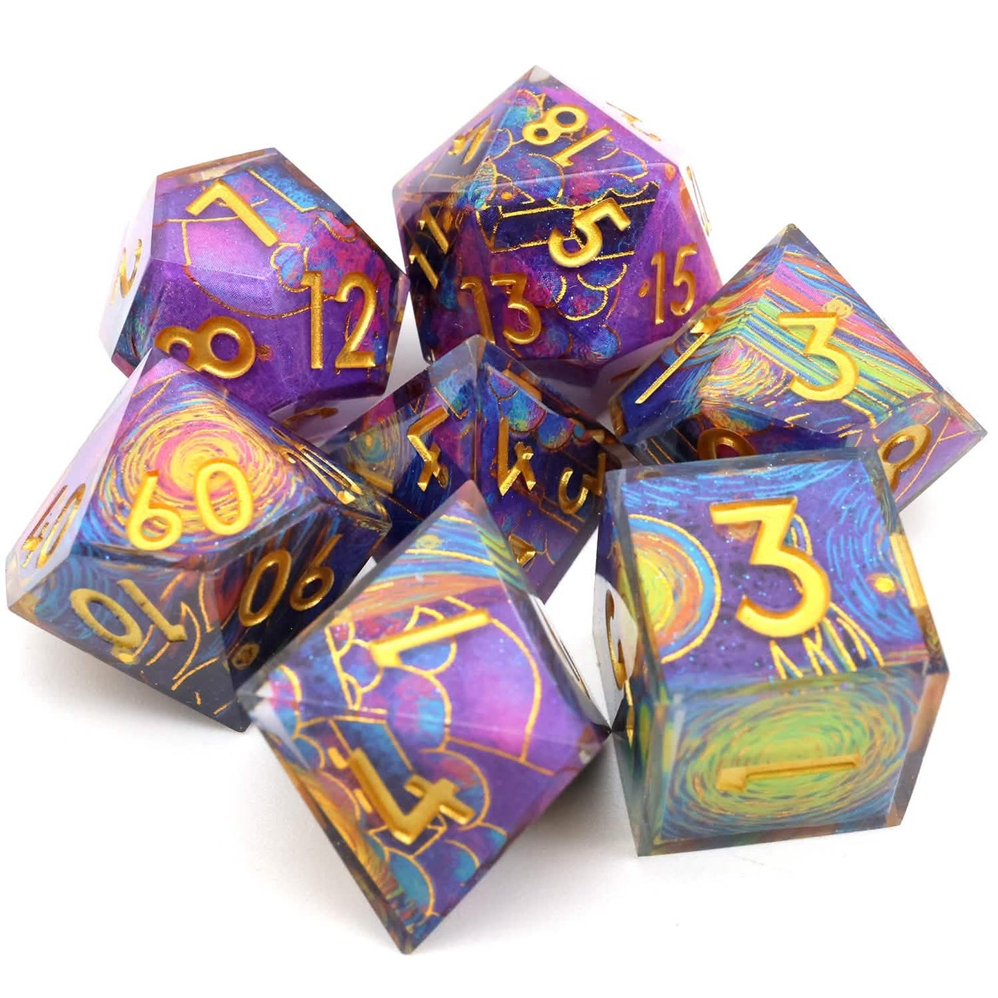 Gilded Cosmos – view 7 – art core DnD dice set