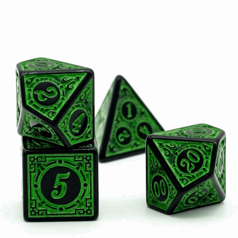 Emerald Runes – lifestyle shot – acrylic DnD dice set