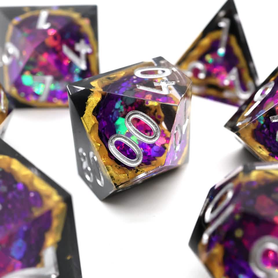 Regal Relic – view 24 – geode DnD dice set