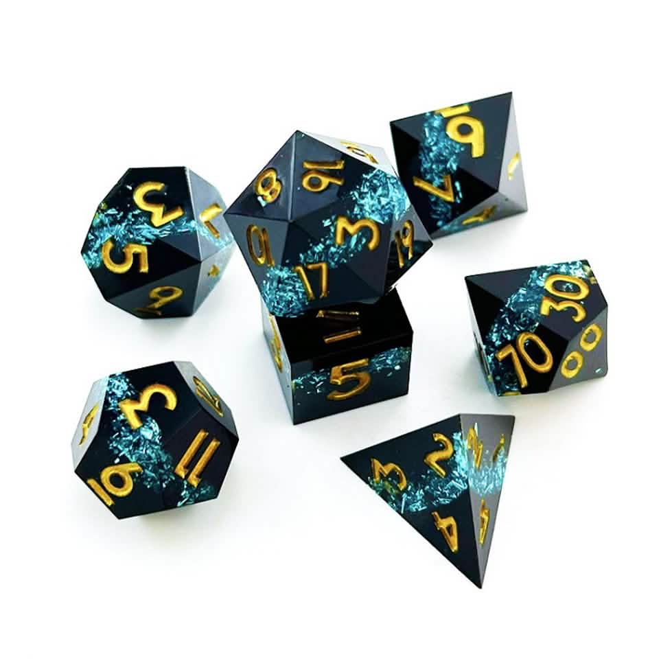 Midnight Sapphire – lifestyle shot – sharp edge resin DnD dice set
