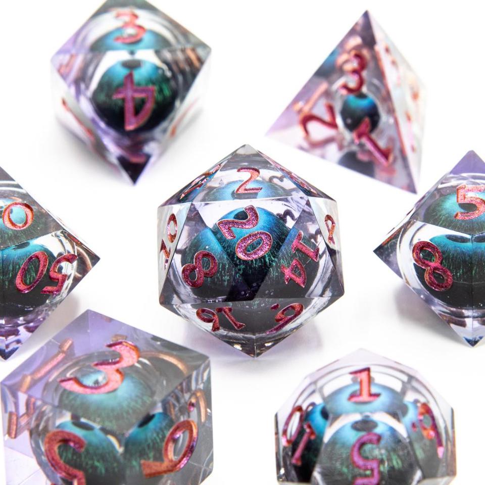 Teal Eye with Pink Font | Moving Eyeball | Liquid Core Dice | 7 pc Set