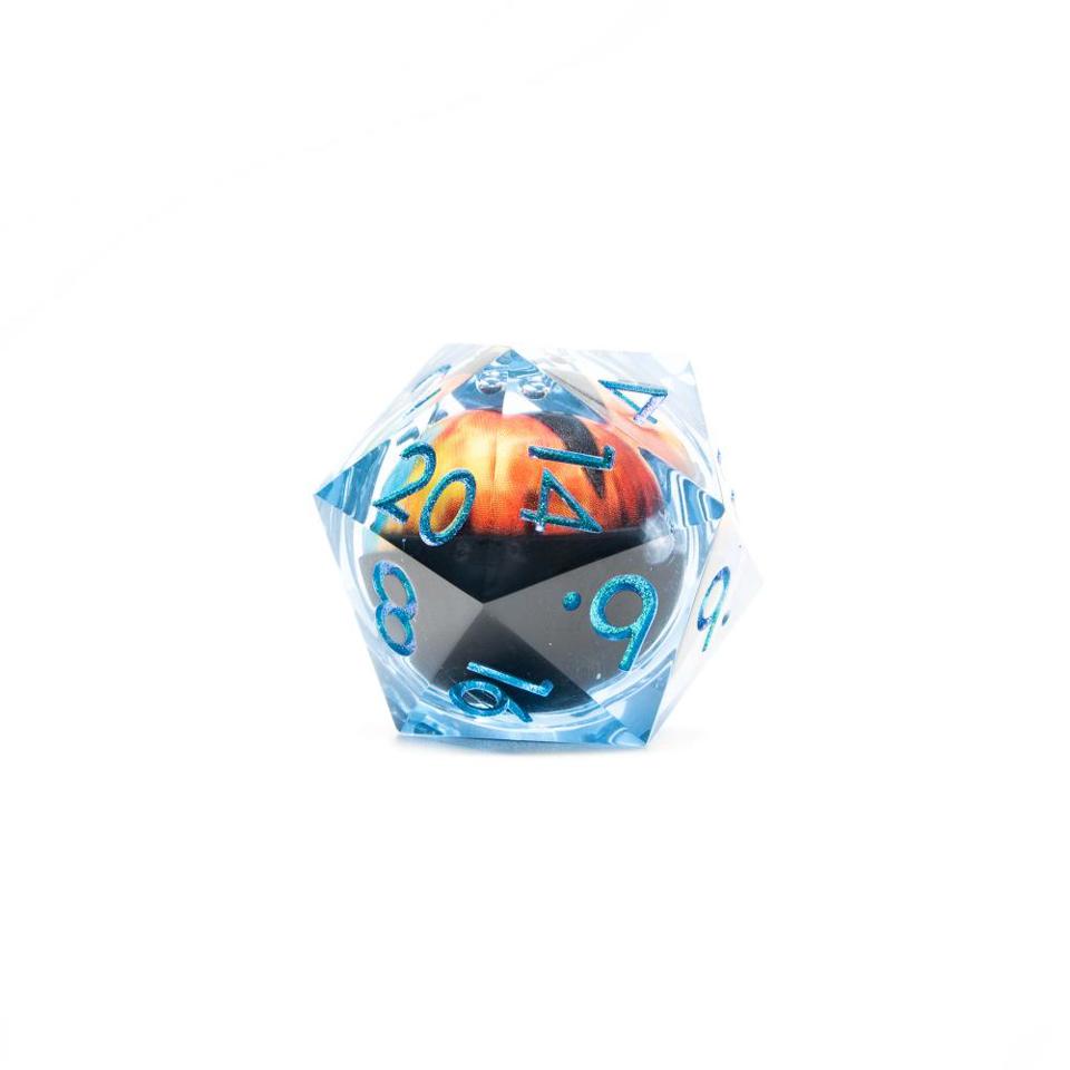 Blue & Orange Dragon Eye | Moving Eyeball | Liquid Core Dice | 33mm D20 Chonk