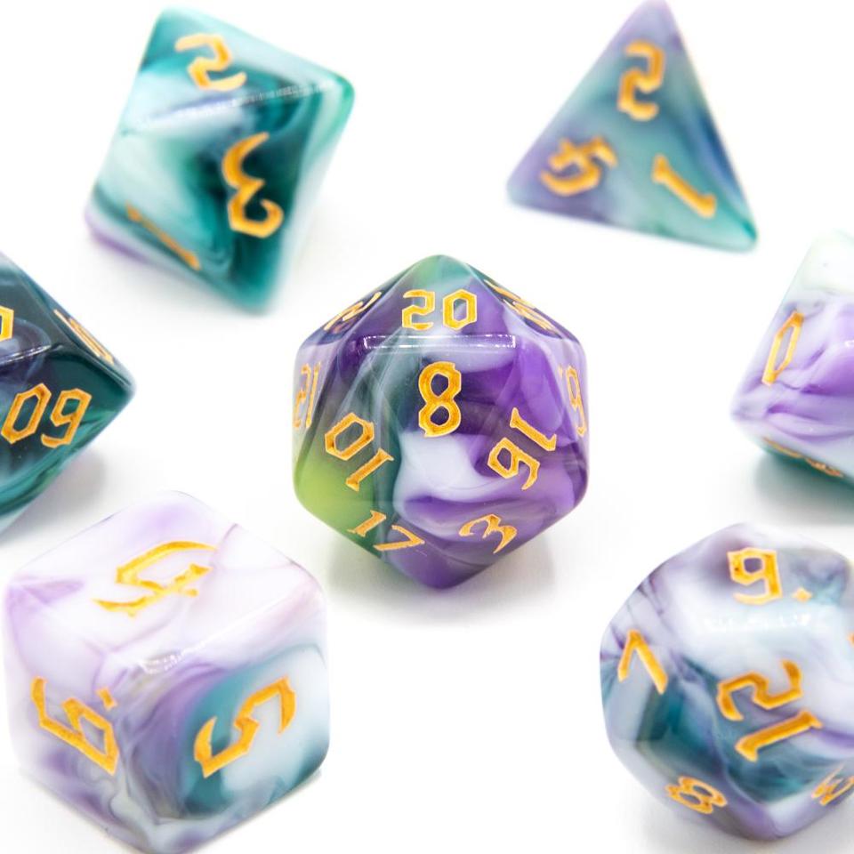 Swirling Purple, Blue, Pink & Green | Gold Numbers | 7 Piece Acrylic Dice Set