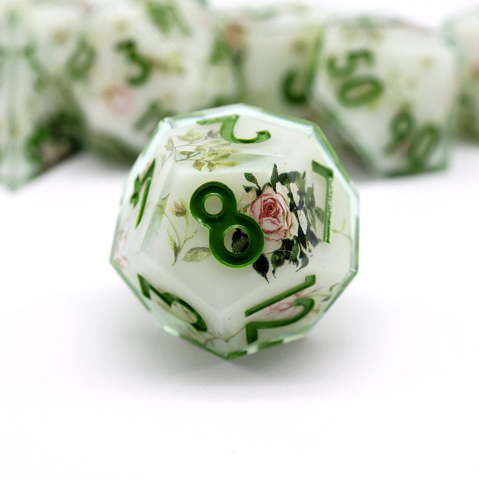 Floral Notes | ART CORE DICE | Floral prints with Green numbers | 7 Piece Set