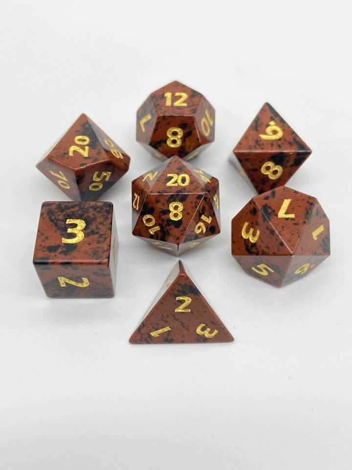 Mahogany Obsidian – lifestyle shot – gemstone DnD dice set