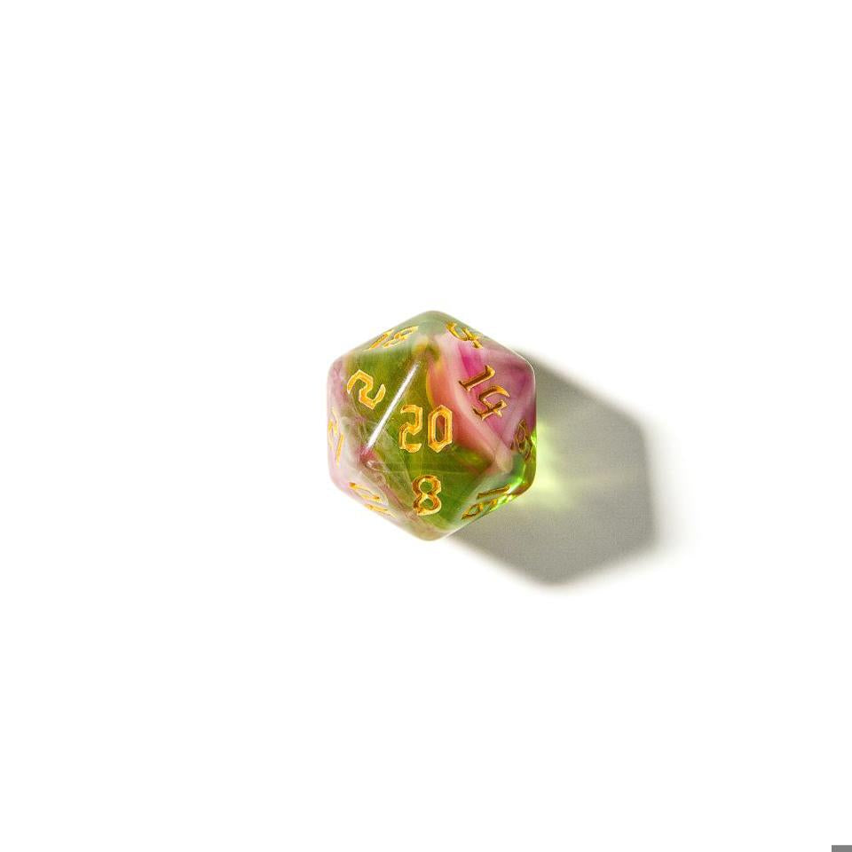 Green / Pink Sour Swirl | Gold Numbers | 7 Piece Acrylic Dice Set