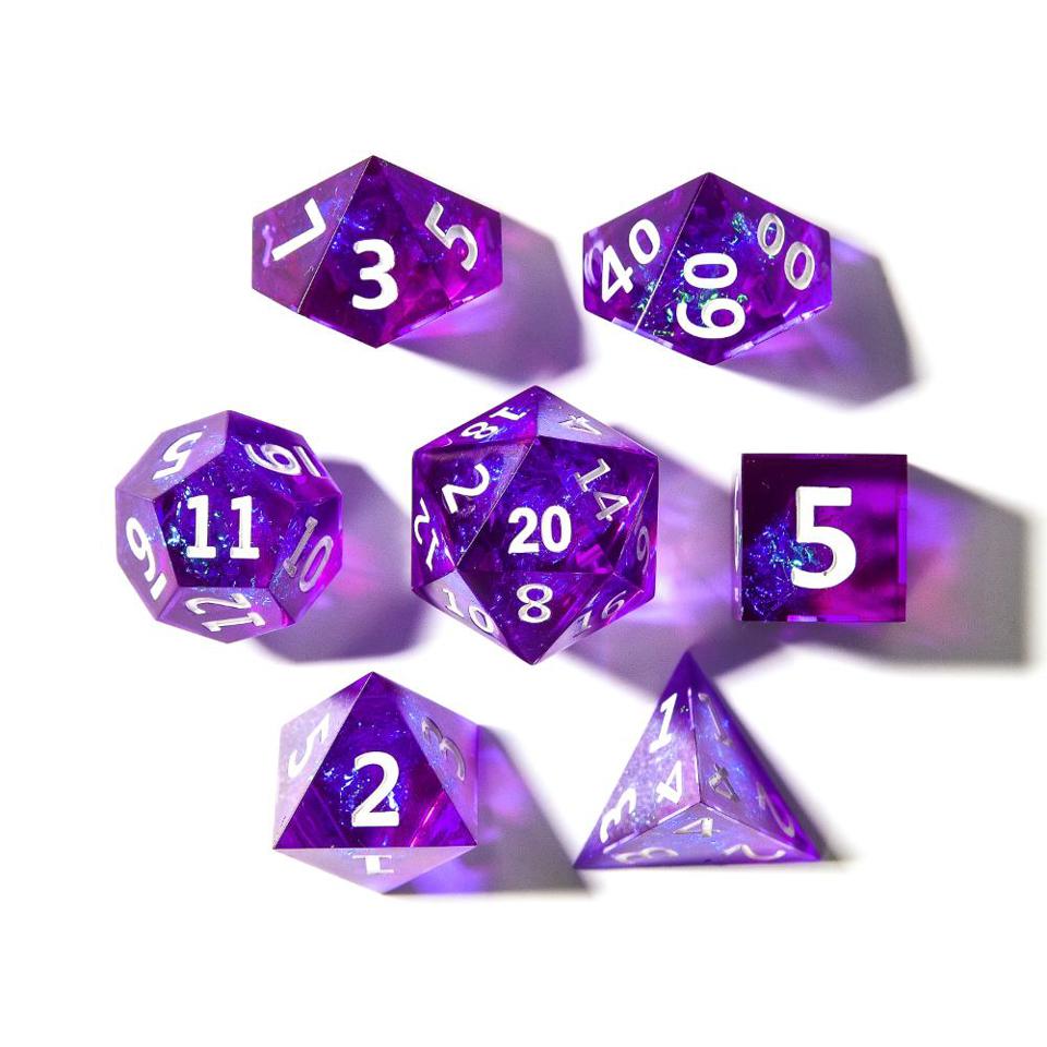 Purple Holographic Core | Sharp Edge Resin Dice Set | 7 Piece Set