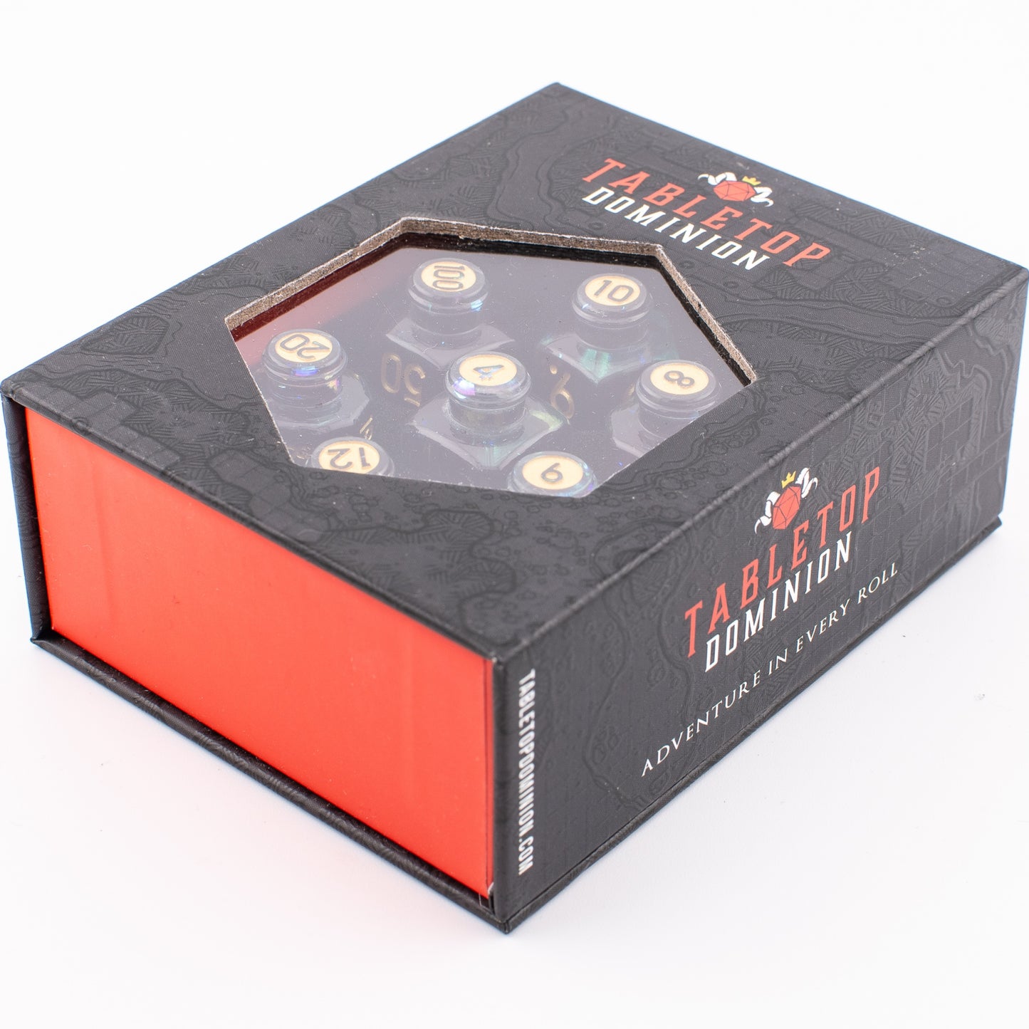 Tabletop Dominion Blood Alchemist potion bottle dice set in a closed display box with visible polyhedral dice.