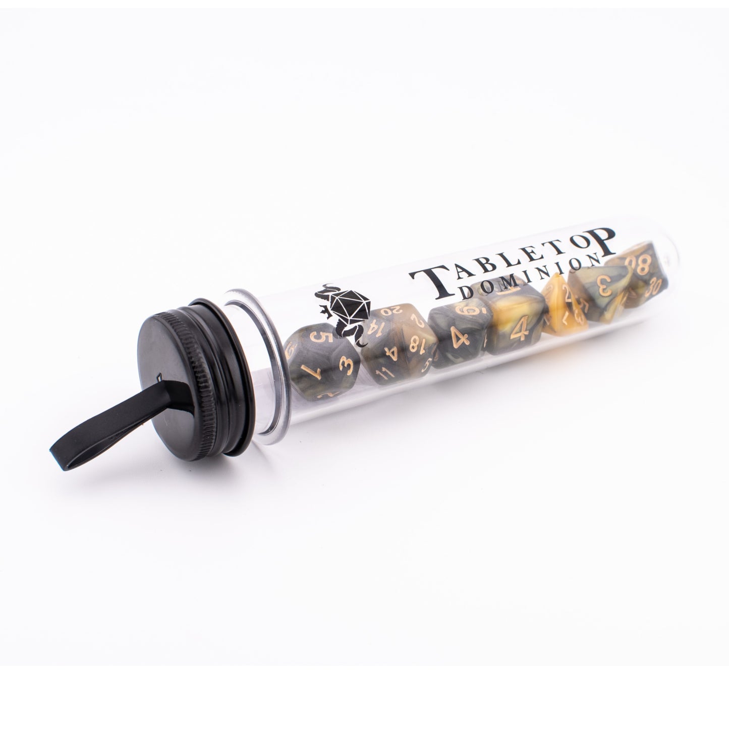 Venomous Sting acrylic dice set displayed inside a Tabletop Dominion dice tube.