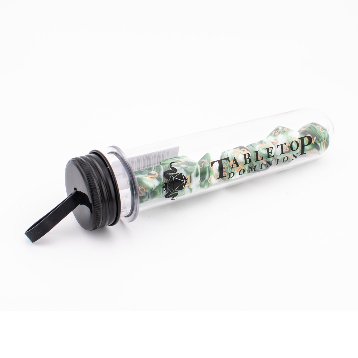 Forest Sprout acrylic dice set displayed inside a Tabletop Dominion dice tube.