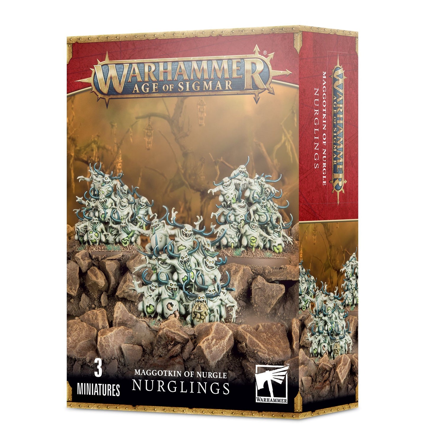 Warhammer Age of Sigmar Maggotkin of Nurgle Nurglings box showing three clusters of small grotesque creatures.