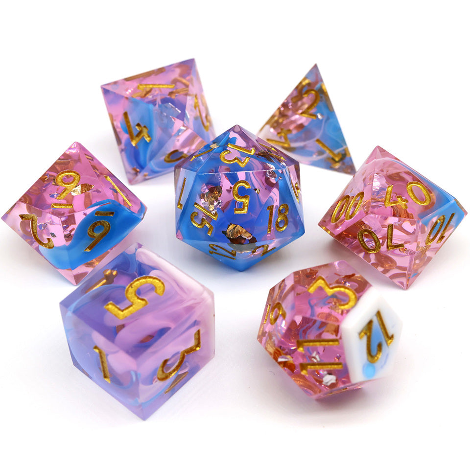 Pink Blue Clear Swirl | Sharp Edge | 7 Piece Dice Set