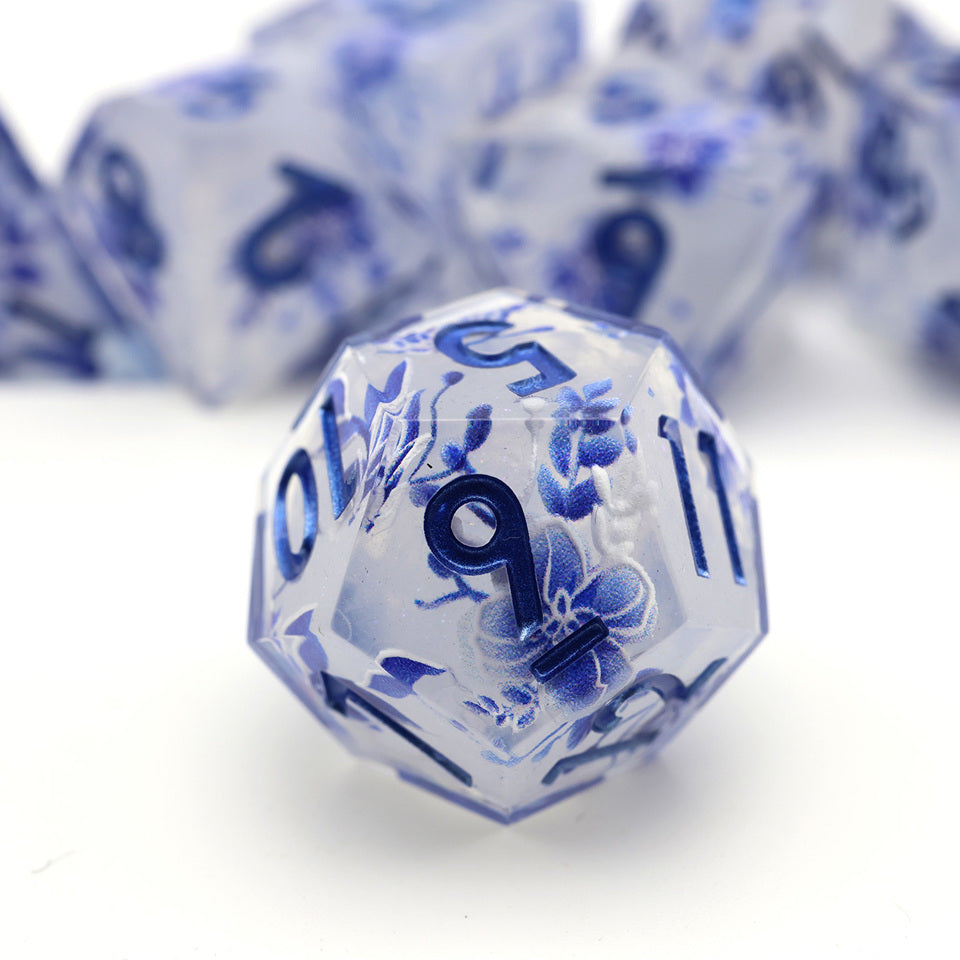 Snowflower | ART CORE DICE | White and Blue Floral Print | 7 Piece Set