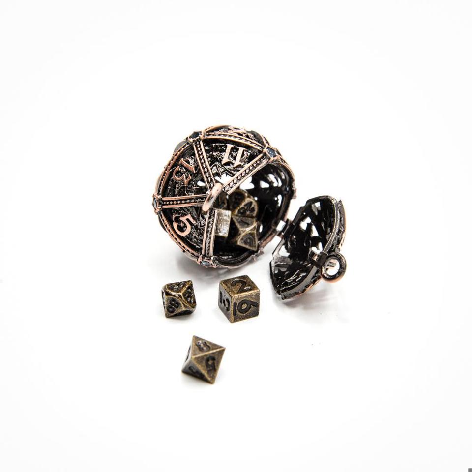 Ancient Copper D20 Pendant | Necklace with Ancient Bronze Mini Dice Set