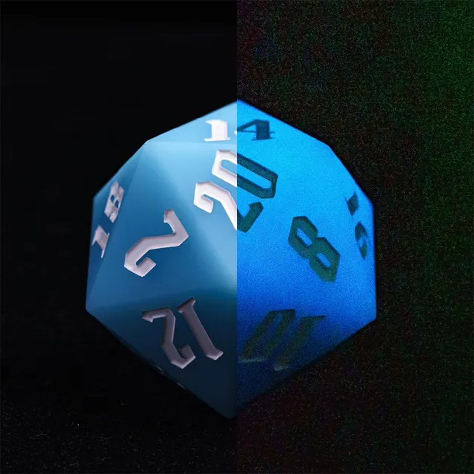 Glow in the Dark Blue - 55mm D20 Chonk Silicone Dice - White Font