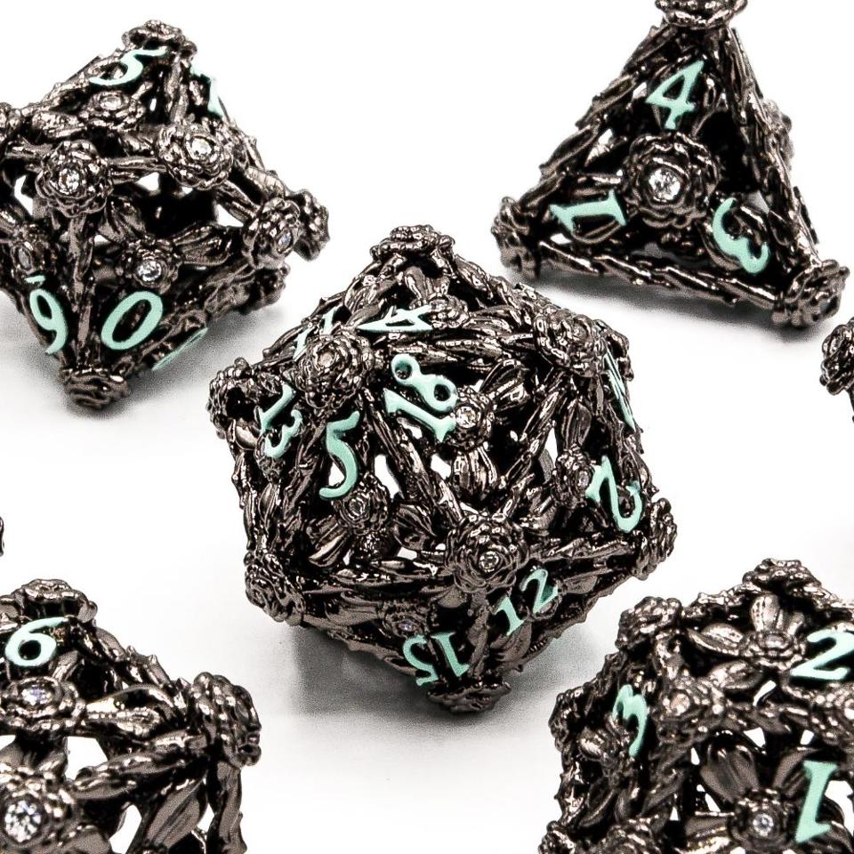 Nightbloom Hollow Flower Metal Dice Set with Diamond, Dungeons and Dragons, Pathfinder, DND Dice, Dice Set, Polyhedral Dice Set RPG Dice Set