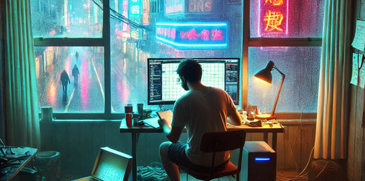 A young man playing Dungeons and Dragon alone in his apartment in a cyberpunk style setting.