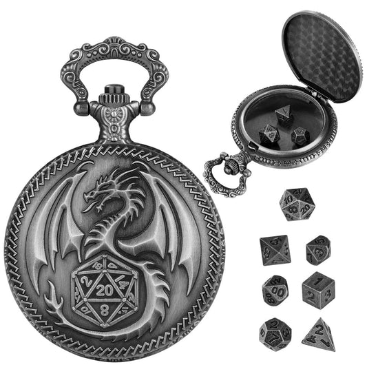 Nickel D20 Dragon Pocket Watch Case with Mini Dice