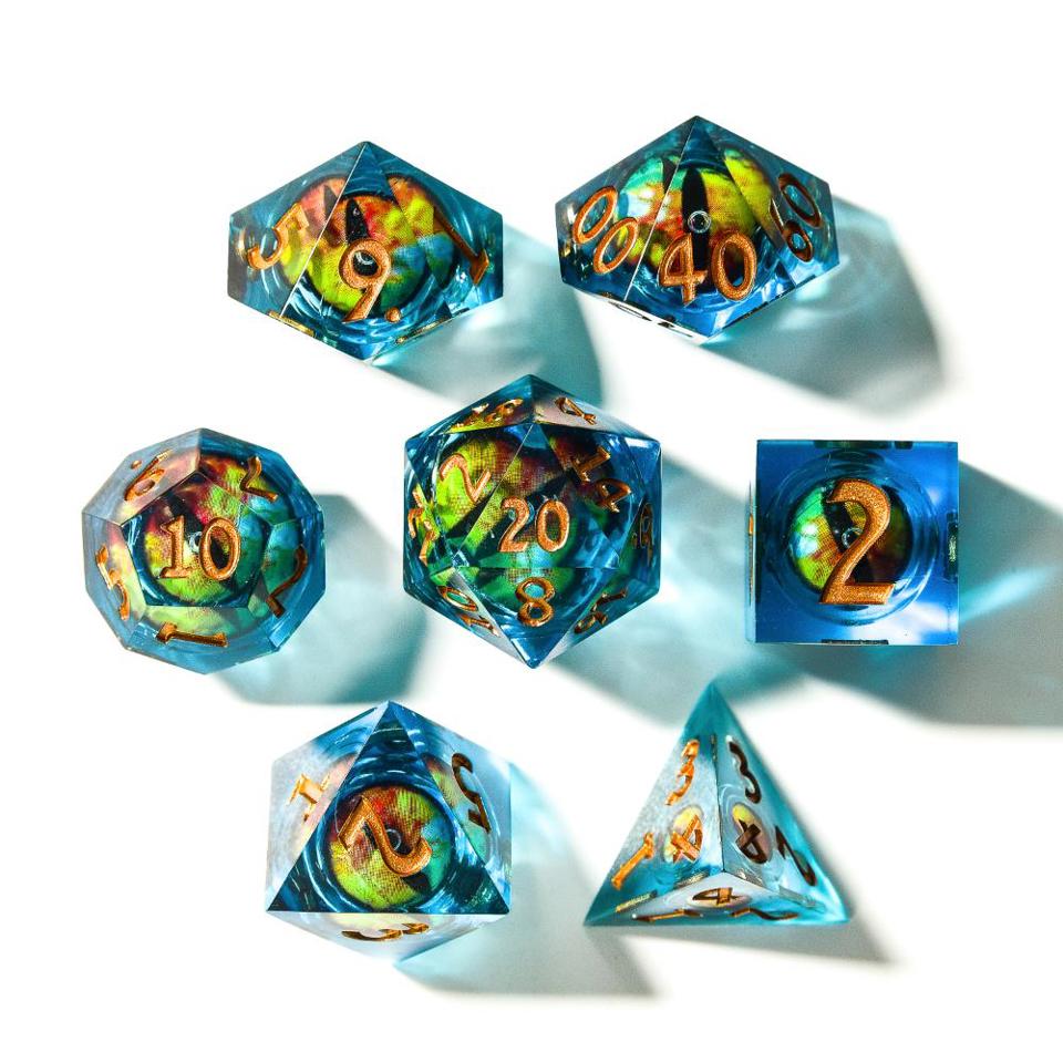 7 Piece Set | Blue & Orange Dragon Eye | Moving Eyeball | Liquid Core Dice