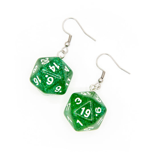 D20 Earrings | Green Sparkle