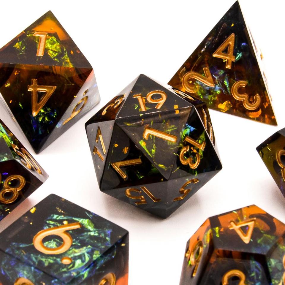 Sharp Edge Resin DnD Dice Set - Archer's Dream Orange, Green, Black Copper Numbers - For Dungeons and Dragons - Gift