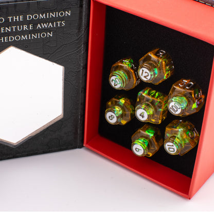 Golden Alchemy | Potion Bottle Resin Dice | Sharp Edge Dice | 7 Piece Set
