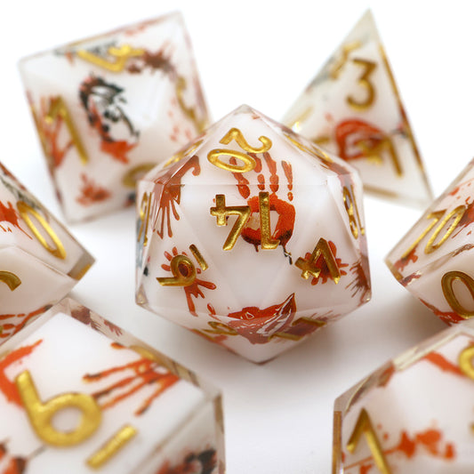 The Gilded End | EXO DICE | Bloody prints with Gold numbers | 7 Piece Set