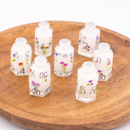 Floral Essence | Potion Bottle Resin Dice | Sharp Edge Dice | 7 Piece Set