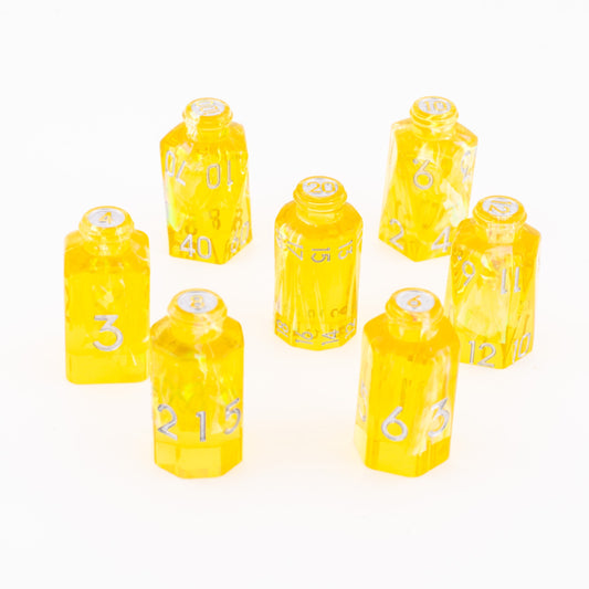 Golden Alchemy | Potion Bottle Resin Dice | Sharp Edge Dice | 7 Piece Set