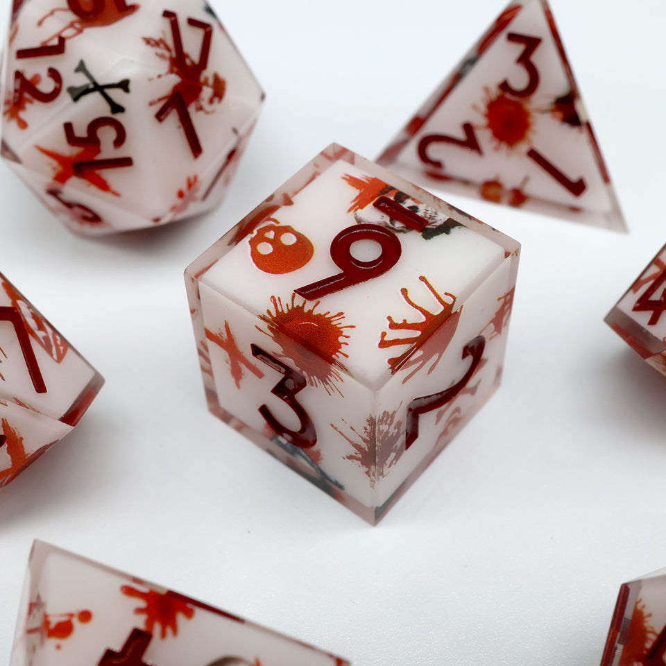 Close up shot of D6 in the touch of death dice set showing resin layering