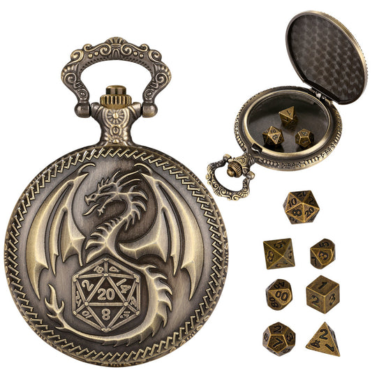 Brass D20 Dragon Pocket Watch Case with Mini Dice