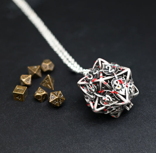 Leaflock | Blood Spatter D20 Pendant Necklace with Mini Metal Dice