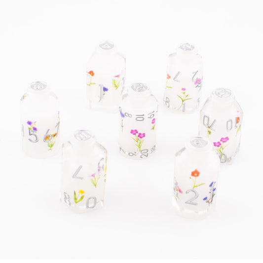 Floral Essence | Potion Bottle Resin Dice | Sharp Edge Dice | 7 Piece Set