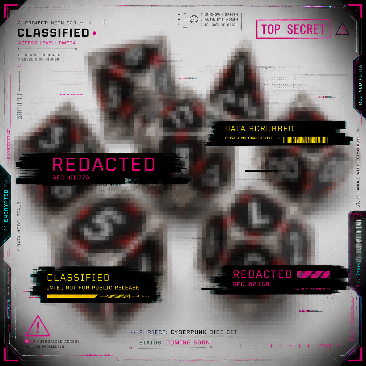 Machine Ascendant cyberpunk dice set with black mechanical panels, silver armour plating, glowing red channels and metallic silver numbers inside clear resin dice.

