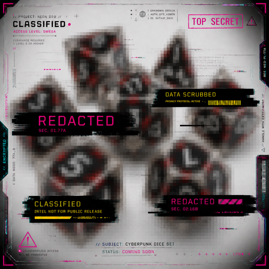 Machine Ascendant cyberpunk dice set with black mechanical panels, silver armour plating, glowing red channels and metallic silver numbers inside clear resin dice.
