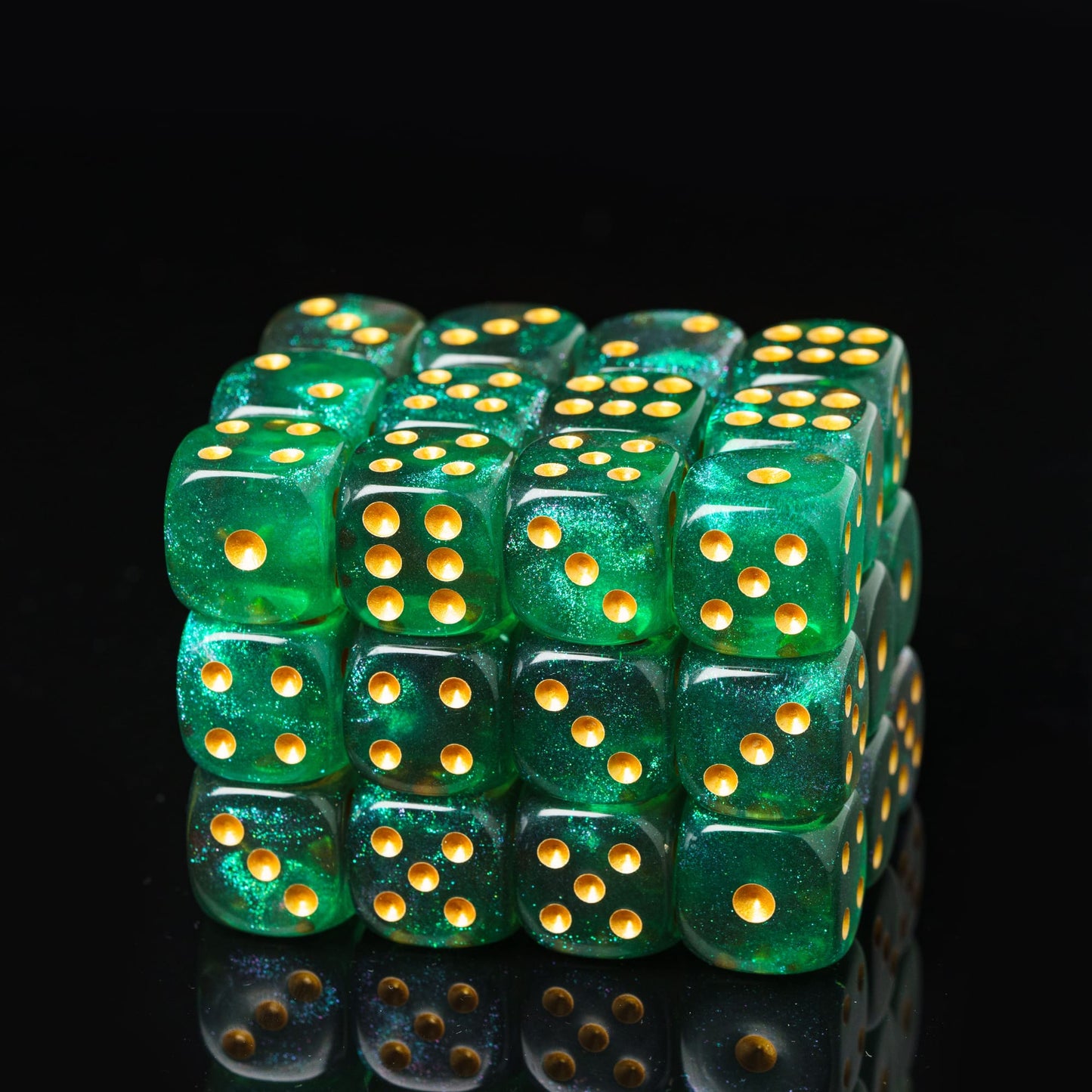 16mm D6 | Glitter Green with Gold Pips | Glitter Dice | 12 Pack